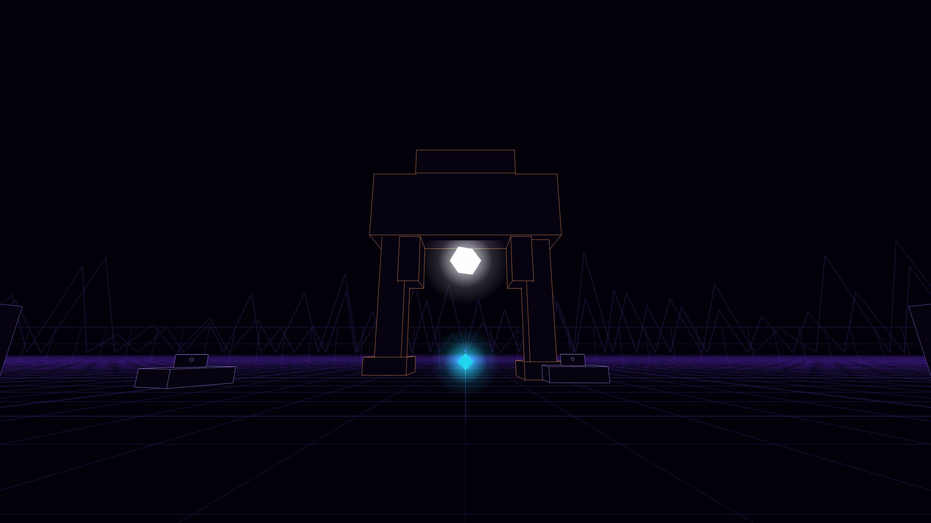 A Recognizer boss with its core exposed, a cyan cannon bolt inbound