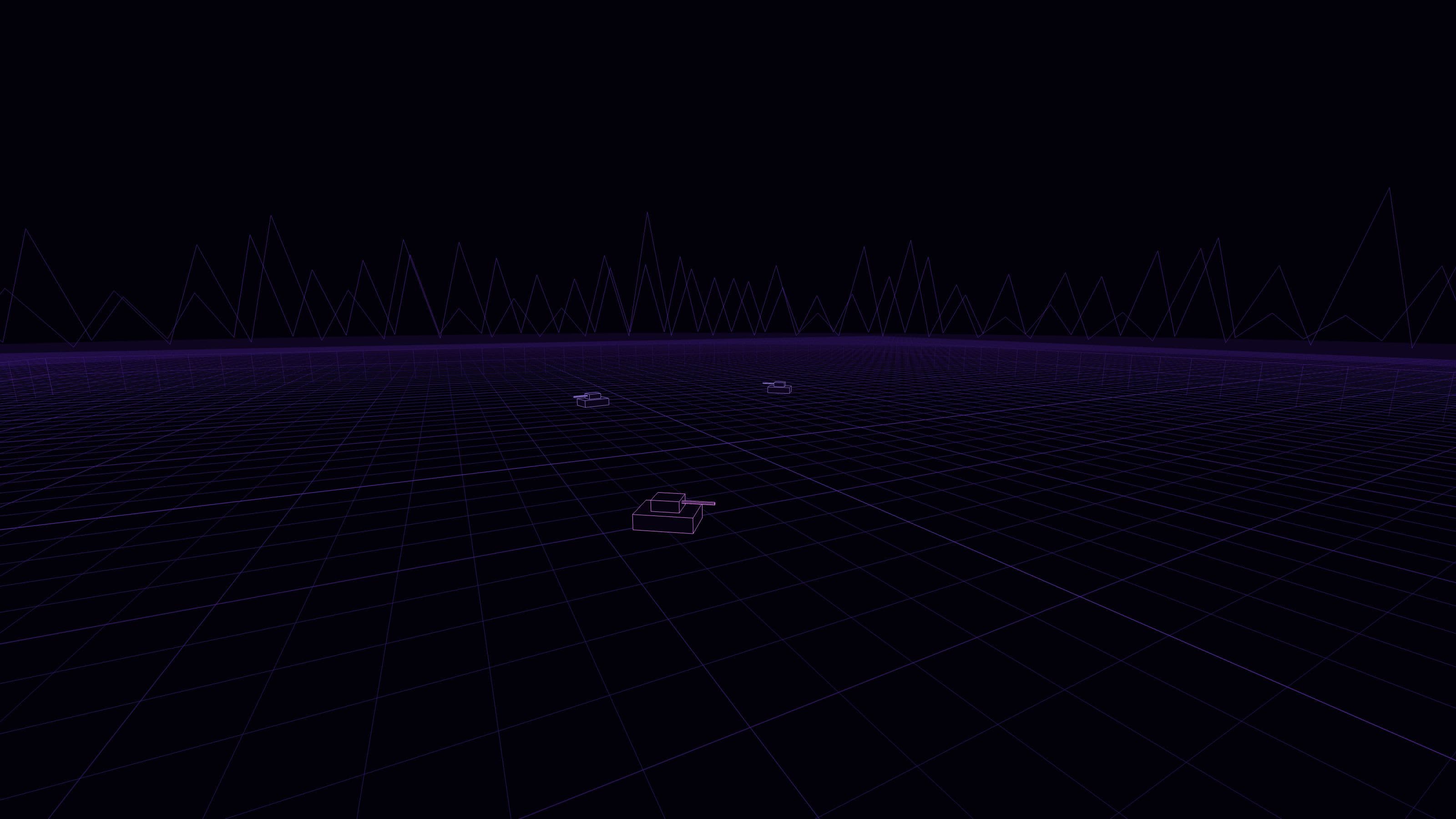 The GRIDFIRE arena — a glowing violet grid stretching to wireframe mountains, patrolled by enemy tanks